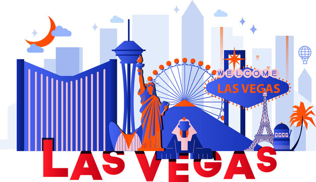 Las Vegas culture travel set, famous architectures, specialties in flat design. Business travel and tourism concept clipart. Image for presentation, banner, website, advert, flyer, roadmap, icons