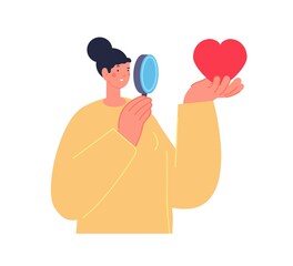 Woman look at heart. Independent girl with magnifying glass. Female power, mistrust and indecision. Romantic love vector character