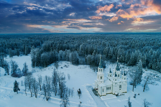 Republic of Karelia in Russia. Valaam monastery view from quadcopter. Sights of Karelia. Orthodox cathedral in forest. Northern nature with Orthodox church. Regions of Russia. Travel to Karelia