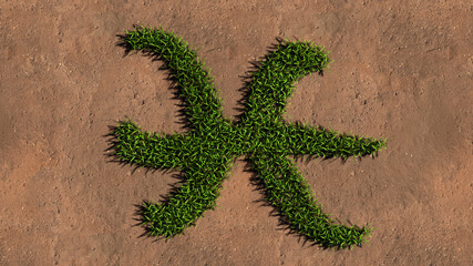 Concept conceptual green summer lawn grass symbol shape on brown soil or earth background, sign of pisces zodiac sign. 3d illustration symbol for esoteric, mystic, the power of prediction of astrology