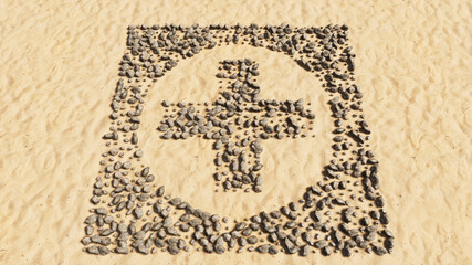 Fototapeta premium Concept conceptual stones on beach sand handmade symbol shape, golden sandy background, cross sign. 3d illustration metaphor for medical care assistance, emergency doctor, pharmacy or hospital