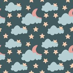 seamless pattern with clouds, stars, and crescent moon