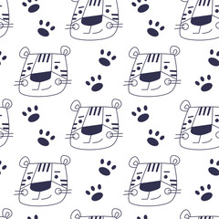Vector seamless pattern with outline muzzle of cute tiger. Animal cartoon wallpaper. 