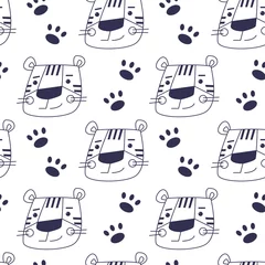 Muurstickers Vector seamless pattern with outline muzzle of cute tiger. Animal cartoon wallpaper.  © Tatiana