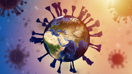 Naklejka premium Omicron COVID-19 background. Coronavirus infection next to volumetric globe. SARS-CoV-2 mutation from African continent. Delta plus Omicron disease. 3d rendering of planet Earth, elements from NASA