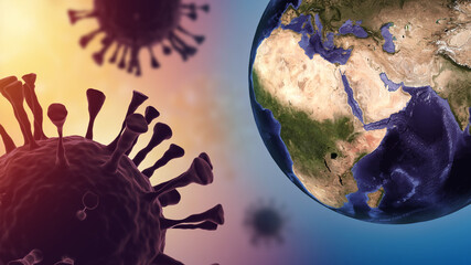 Omicron COVID-19 is large bacterium. Coronavirus molecule next to globe. Omicron is mutation of...