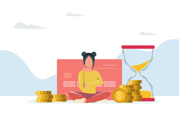 The girl sits near a lot of money and a credit card with an hourglass money. Businesswoman concept
