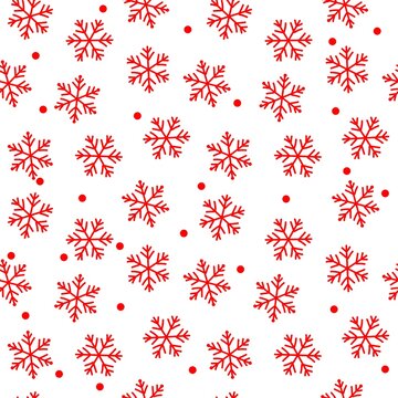 Seamless pattern with snowflakes vector drawing, white background, red color
