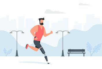 A man with a prosthetic leg is running outside the city. Vector illustration