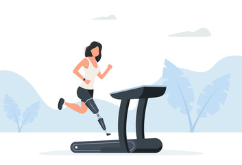 A girl with a prosthetic leg is running on a treadmill. Vector illustration