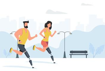 Man and woman with a prosthetic leg is running on outside city. Vector illustration on modern style