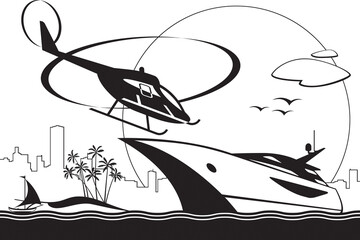Helicopter landing on yacht near the coast – vector illustration