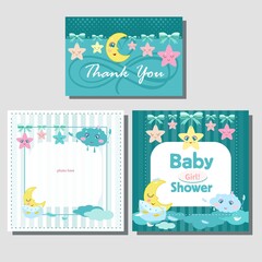 Fototapeta na wymiar Postcard Baby shower card with sun, star and cloud for girl