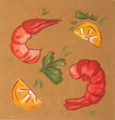 Shrimps with lemons drawing illustration on craft background. Food illustration. Gouche drawings