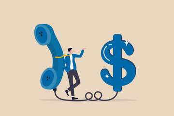Telemarketing or telesales, phone call for selling product or business deal via telephone call, insurance agent concept, confidence salesman standing with telephone connected to money dollar sign. - obrazy, fototapety, plakaty