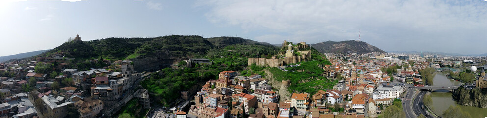 Fototapeta na wymiar Aerial view of the Narikala fortress and the Church of St. Nicholas. District of Old Tbilisi. High quality photo