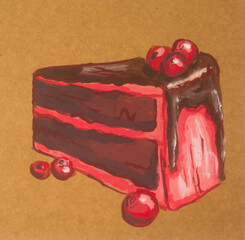 Pink chocoalte cake with berry drawing illustration on craft background. Food illustration. Gouche drawings