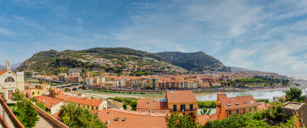 Wall mural beautiful panoramic view of ventimiglia in italy, liguria. ligurian riviera, province of imperia