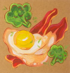 Breakfasr with egg, brokolli and ham drawing illustration on craft background. Food illustration. Gouche drawings