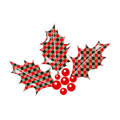 Red holly berries with leaves isolated on white background. Checkered fabric made of red and green colors. For decorating postcards in a flat style. Vector.