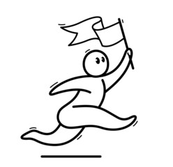 Funny cartoon man running with flag like a champion or career success vector flat style illustration isolated on white, cute and positive small guy drawing or icon.