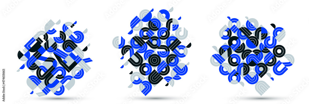 Poster dynamic messy abstract vector design compositions set, blue minimal lined modern art collection, sty