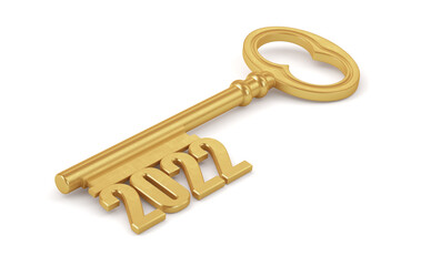 illusion for business ideas. Golden key shiny with the inscription 2022 on a white background. 3d render illustration.