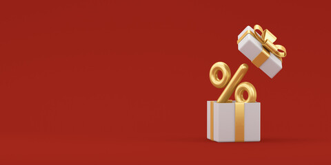 Gold percentage flying out of an open gift box on a red background. Illustration for business. 3d render.