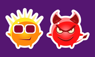 Round Red and Yellow Emoji Character Angry Devil and Wearing Sunglasses Vector Set