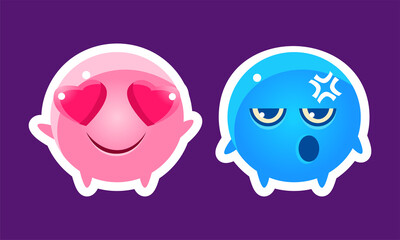 Round Pink and Blue Emoji Character Smiling and Feeling Love Emotion Vector Set