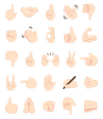 Fototapeta premium Hand gesture emojis icons collection. Handshake, biceps, applause, thumb, peace, rock on, ok, folder hands gesturing. Set of different emoticon hands isolated on white background illustration. 