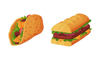 Stuffed Tortilla and Sandwich as Fast Food Vector Set
