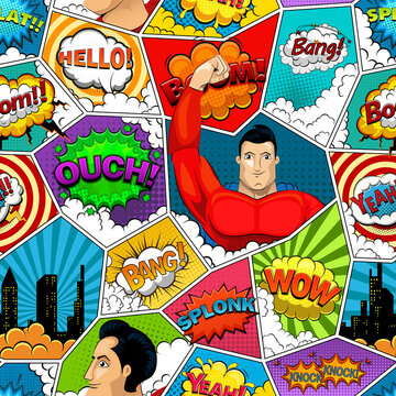 Comic book page divided by lines seamless pattern with speech bubbles, superhero and sounds effect. Illustration.
