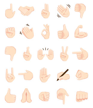 Hand gesture emojis icons collection. Handshake, biceps, applause, thumb, peace, rock on, ok, folder hands gesturing. Set of different emoticon hands isolated on white background illustration.
