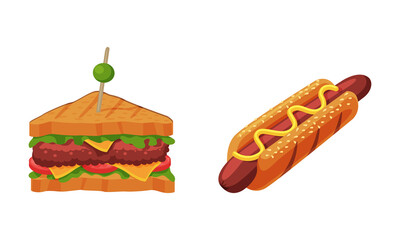 Sandwich and Hot Dog with Sausage as Fast Food Vector Set