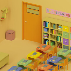 3d rendered isometric voxel classroom with desks, board and 
book shelf. pixel style education concept illustration.