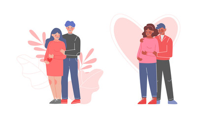 Young Husband and Wife Pregnant Expecting Baby Preparing for Parenthood Vector Set