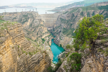 Fototapeta na wymiar Chirkey hydroelectric power station and Sulak canyon in Dagestan