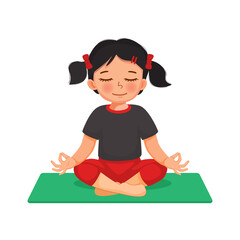 Little girl practicing yoga meditation sitting in lotus pose on mat at home