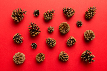 pine cones on colored table. natural holiday background with pinecones grouped together. Flat lay. Winter concept