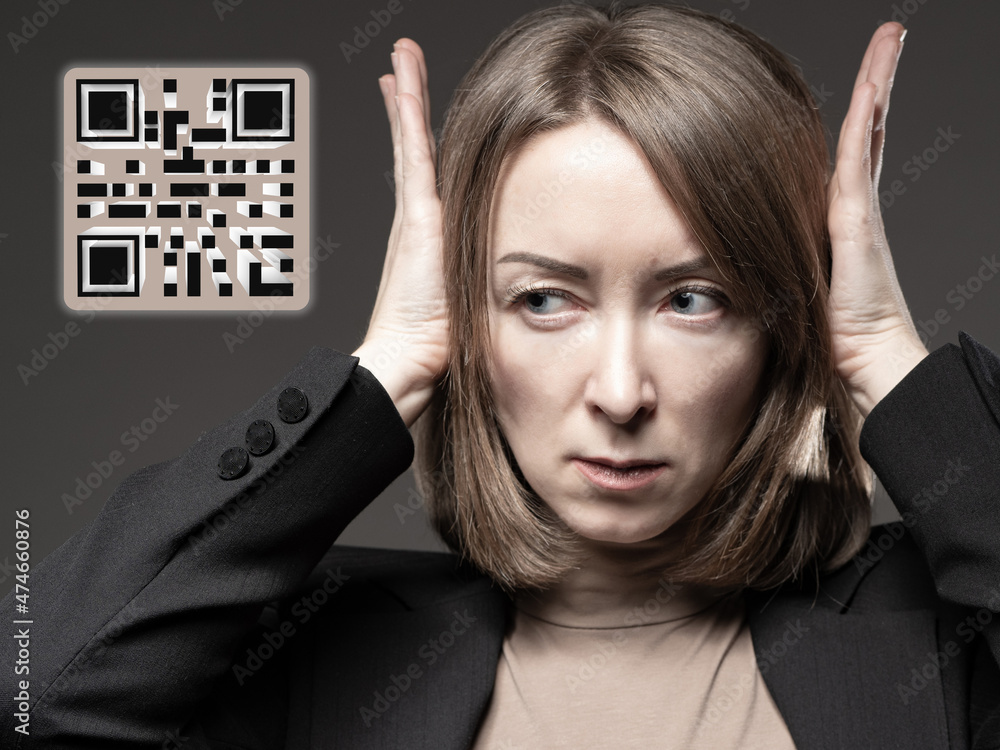 Poster protest against qr codes. the woman is dissatisfied with the introduction of qr codes. people don't 