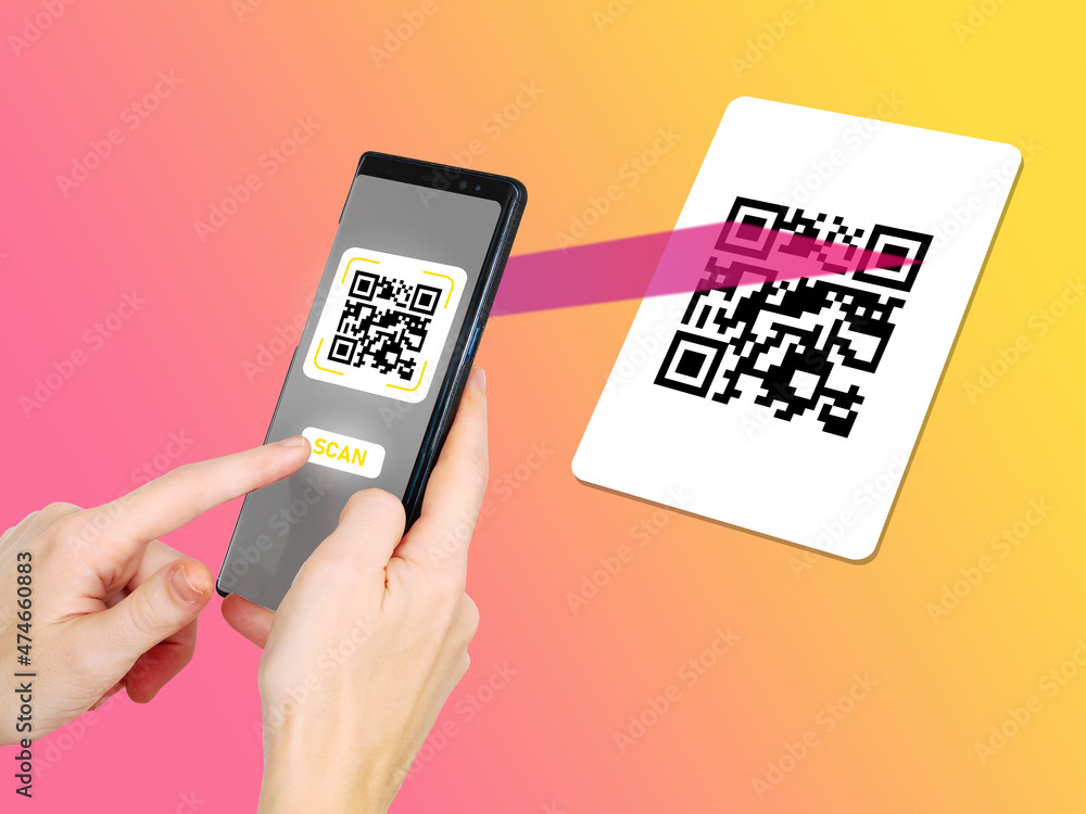 Poster scanning qr code with smartphone. mobile phone scan qr code. qr code payment, e wallet, cashless tec