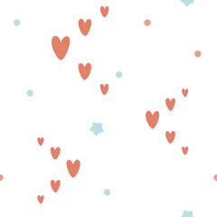Seamless pattern with hearts, stars, polka dots doodle elements. Valentines Day repeat texture. Baby Nursery wallpaper, boho trendy sleepwear, simple print. Vector love background.