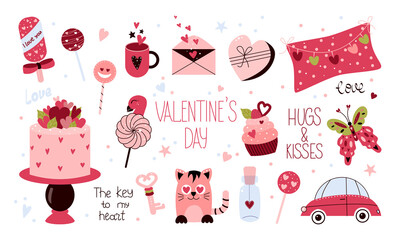 Valentine's Day design element set with cake, marshmallow, pillow, letter, cat, butterfly, love elixir, car. Vector illustration for stickers, scrapbooking, planers, cards, tags - obrazy, fototapety, plakaty