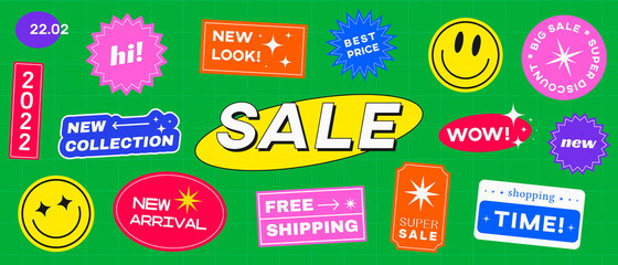 Cool Trendy Sale Stickers Banner Vector Illustration. New Look, Hi, Super Sale, 2022 Badges.