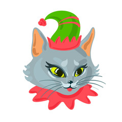 Grey cat in elf costume. Christmas pet. Vector Christmas card with cute animal.