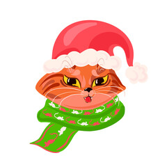 Cute brown cat wearing Santa Claus red hat and green scarf. Vector Christmas greeting card. 