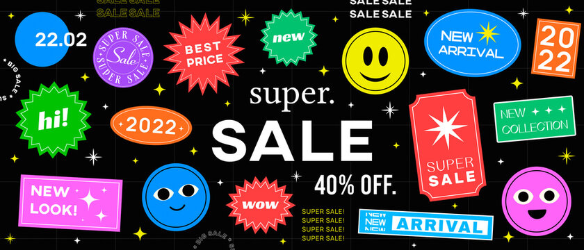 Cool Trendy Sale Stickers Banner Vector Illustration. New Arrival, Wow, Super Sale, 2022 Badges.