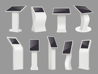 Digital ads screen. Kiosk interactive displays for exhibitions digital promo stands decent vector realistic illustrations