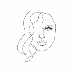 Continuous line drawing of beautiful girl face. Single one line art of attractive young woman portrait female beauty concept. Black and white vector illustration